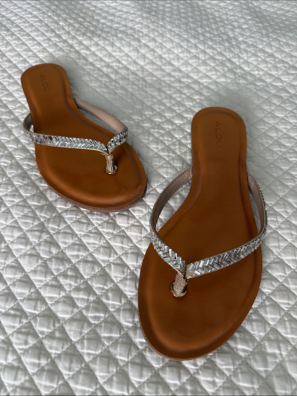 ALDO Brown Sandals with Silver Braided Straps
